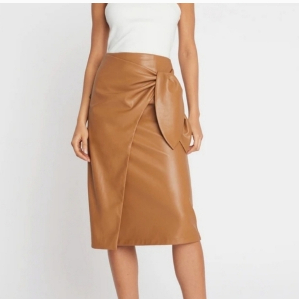 High-Rise Faux Leather Midi Skirt with Side Knot in Camel Brown